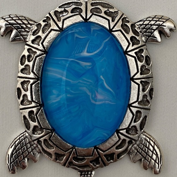 Hand Crafted necklace by Svetlana Yeung white blue turtle fluid art pendant cord - Picture 4 of 12